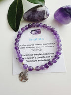 Pulsera de Plata 925 " Equilibrio Vital" en piedra Amatista y Árbol de la vida. Incluye significado de la piedra y packing para regalo