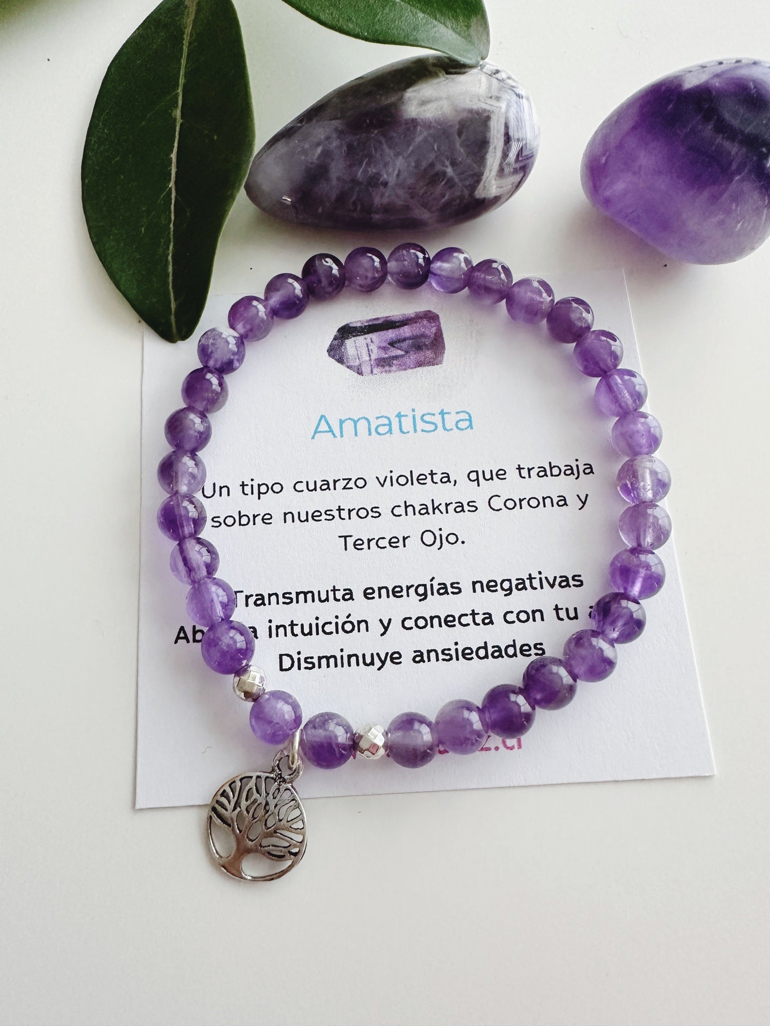 Pulsera de Plata 925 " Equilibrio Vital" en piedra Amatista y Árbol de la vida. Incluye significado de la piedra y packing para regalo