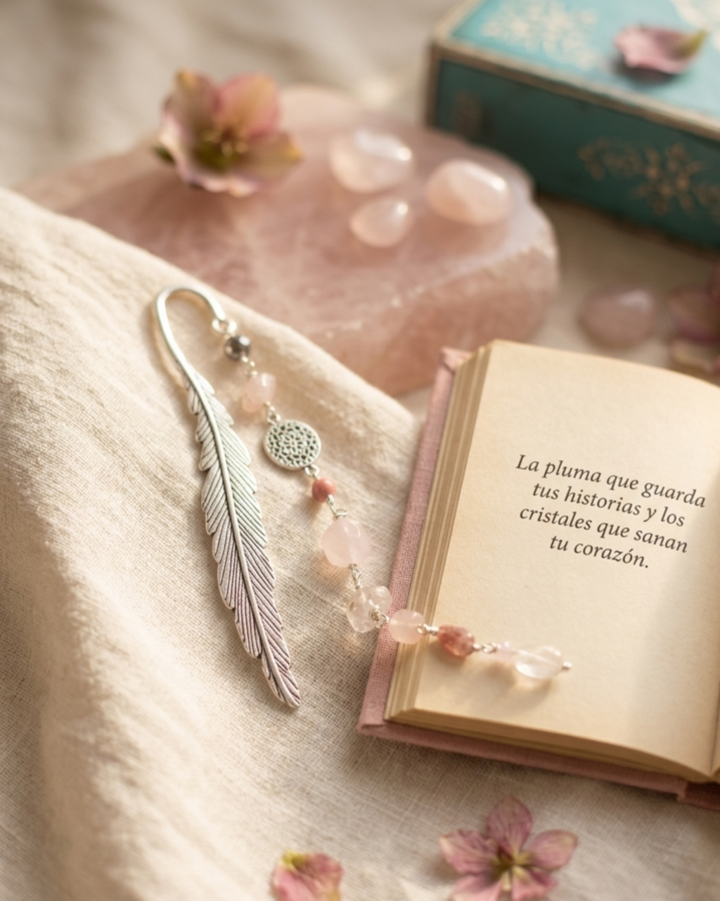 Marcapágina “Una pausa para mi” en piedra Cuarzo Rosa.