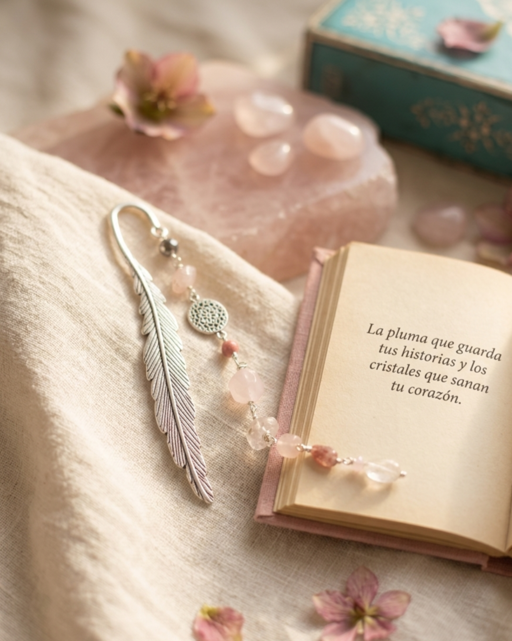 Marcapágina “Una pausa para mi” en piedra Cuarzo Rosa.