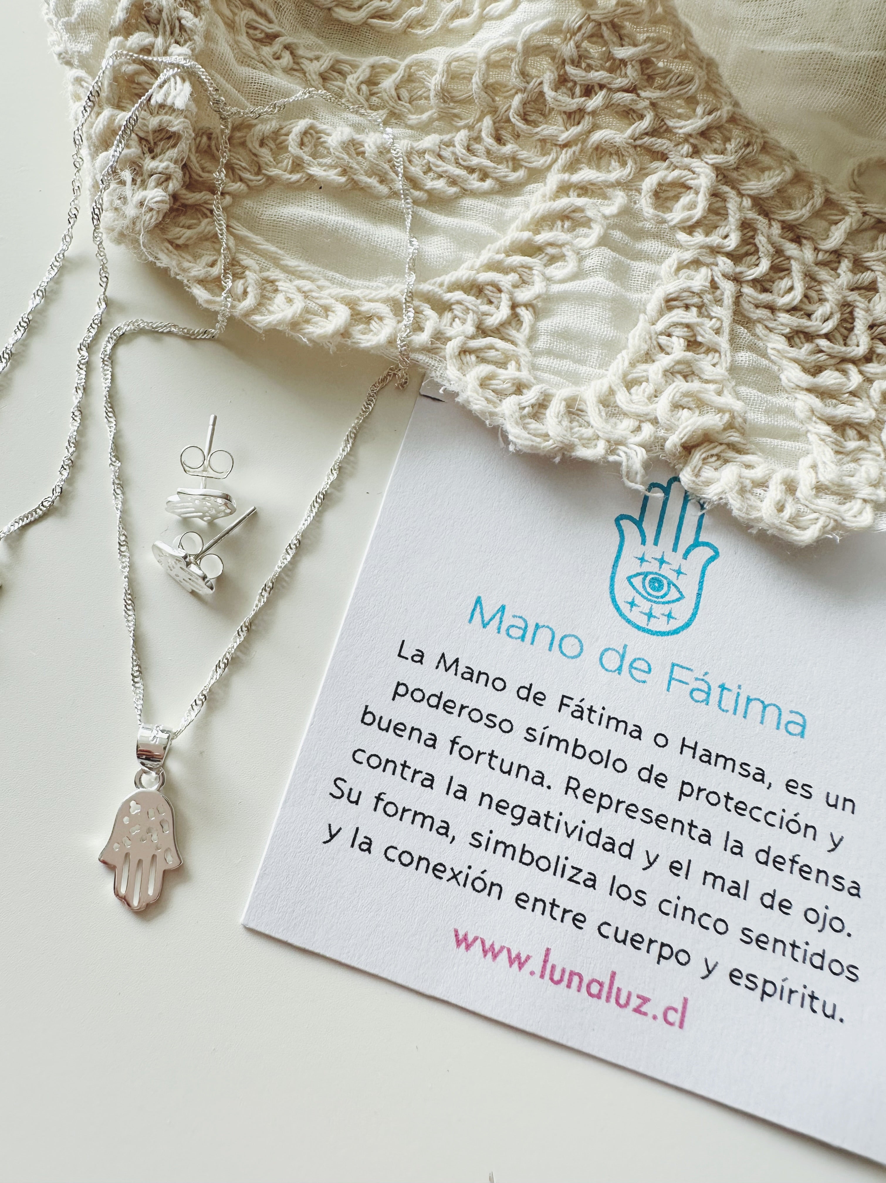 Conjunto Mano de Fátima de Plata  “Protección y Luz”