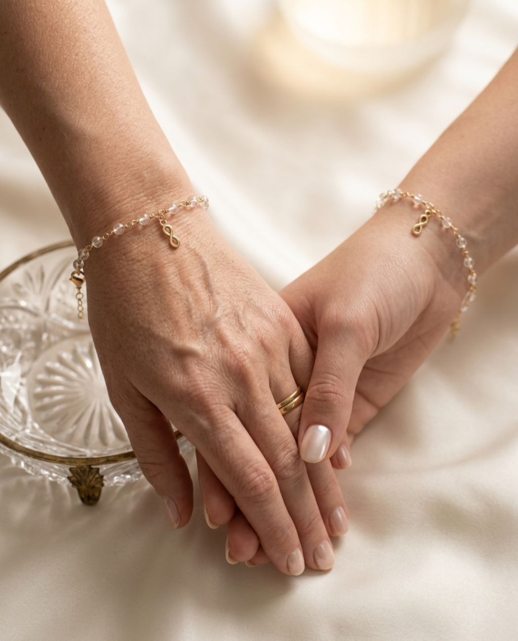 Set 2 Pulseras “Lazo Infinito” en Cuarzo Cristal| Amigas- Familia