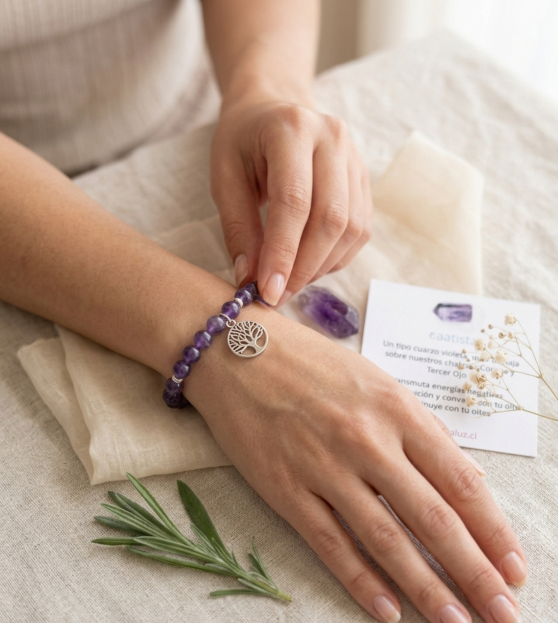 Pulsera Piedra Amatista con Colgante Árbol de la Vida "Protección, Sabiduría y Crecimiento"