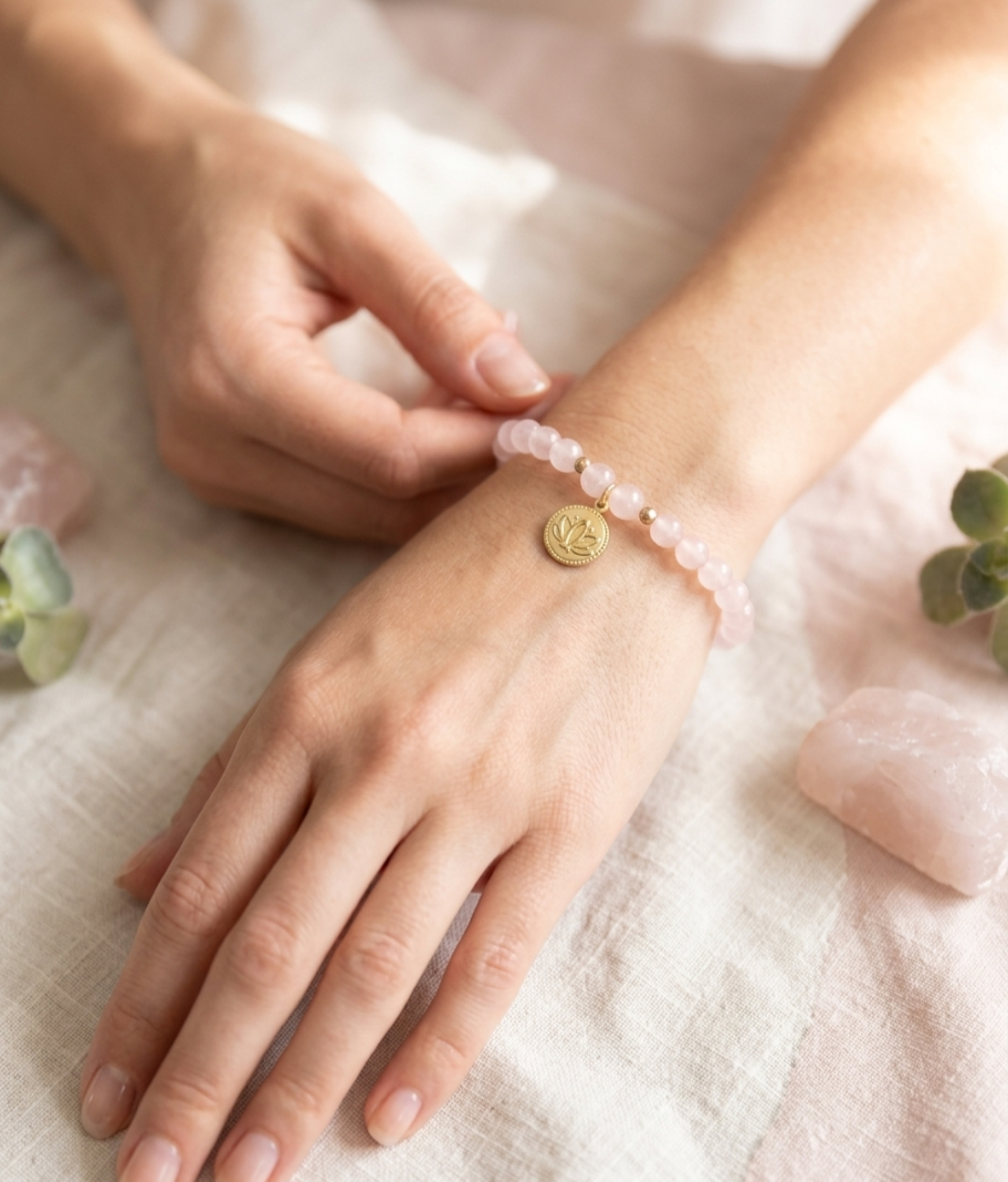 Pulsera Cuarzo Rosa y Flor de Loto "Amor y Renacimiento"