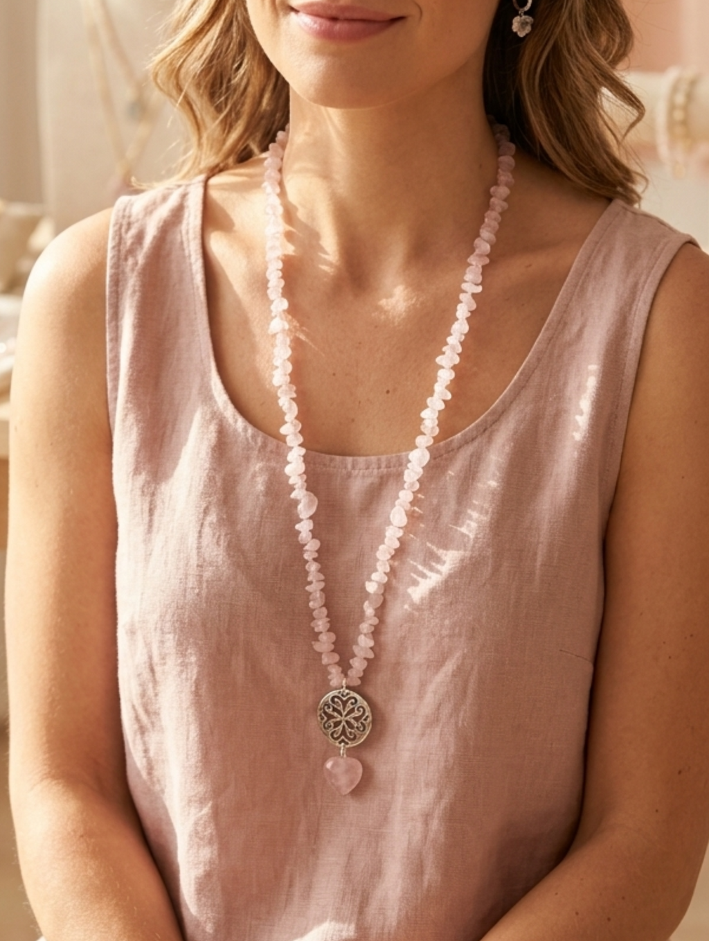 Collar Largo de Cuarzo Rosa “Energía del Corazón”