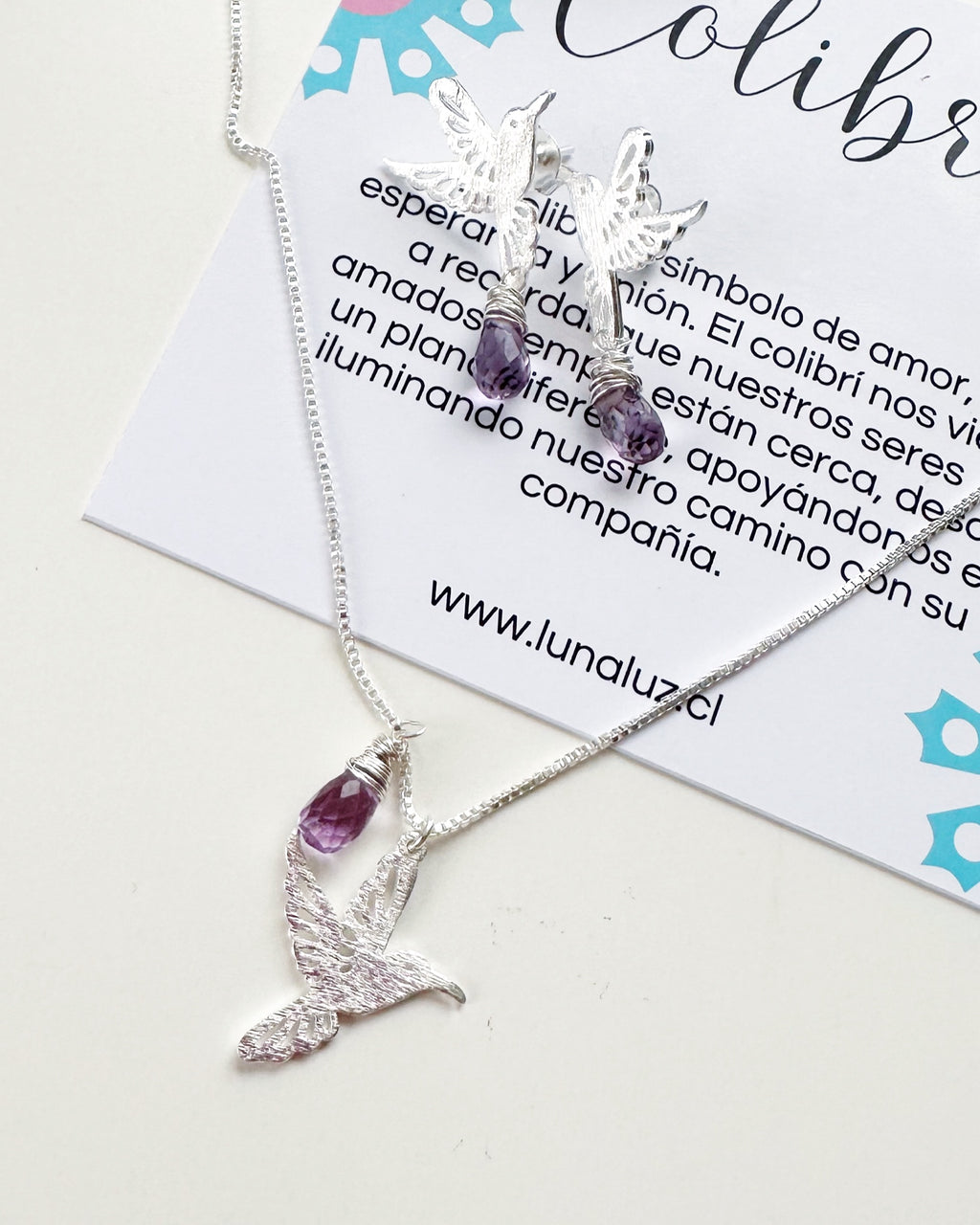 Conjunto Colibríes en Amatistas. Incluye significado y packing para regalo
