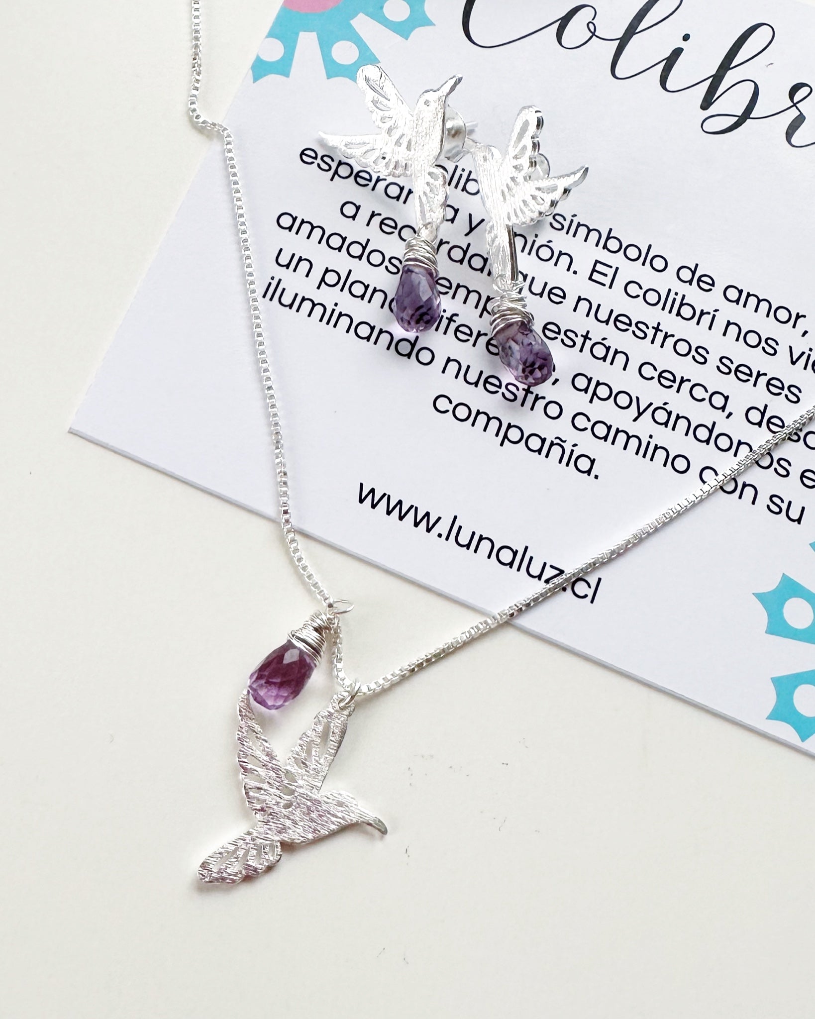 Conjunto Colibríes en Amatistas. Incluye significado y packing para regalo