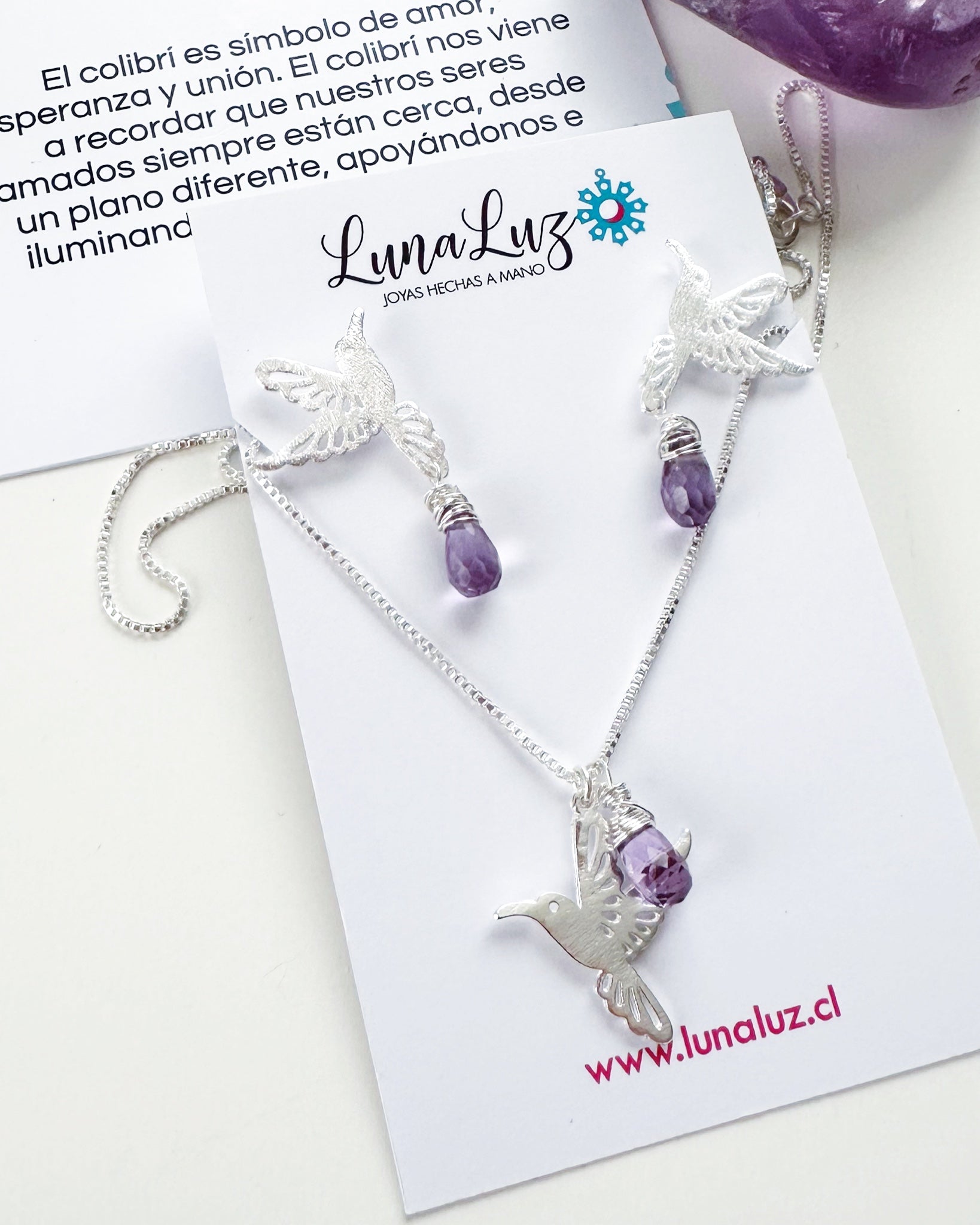 Conjunto Colibríes en Amatistas. Incluye significado y packing para regalo
