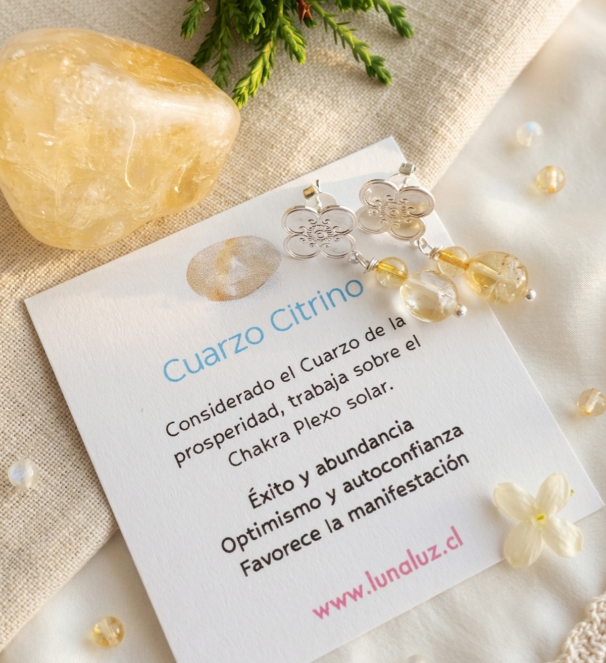 Aros Flores con piedra Cuarzo Citrino "Flor de Luz" Enchape de Plata 950