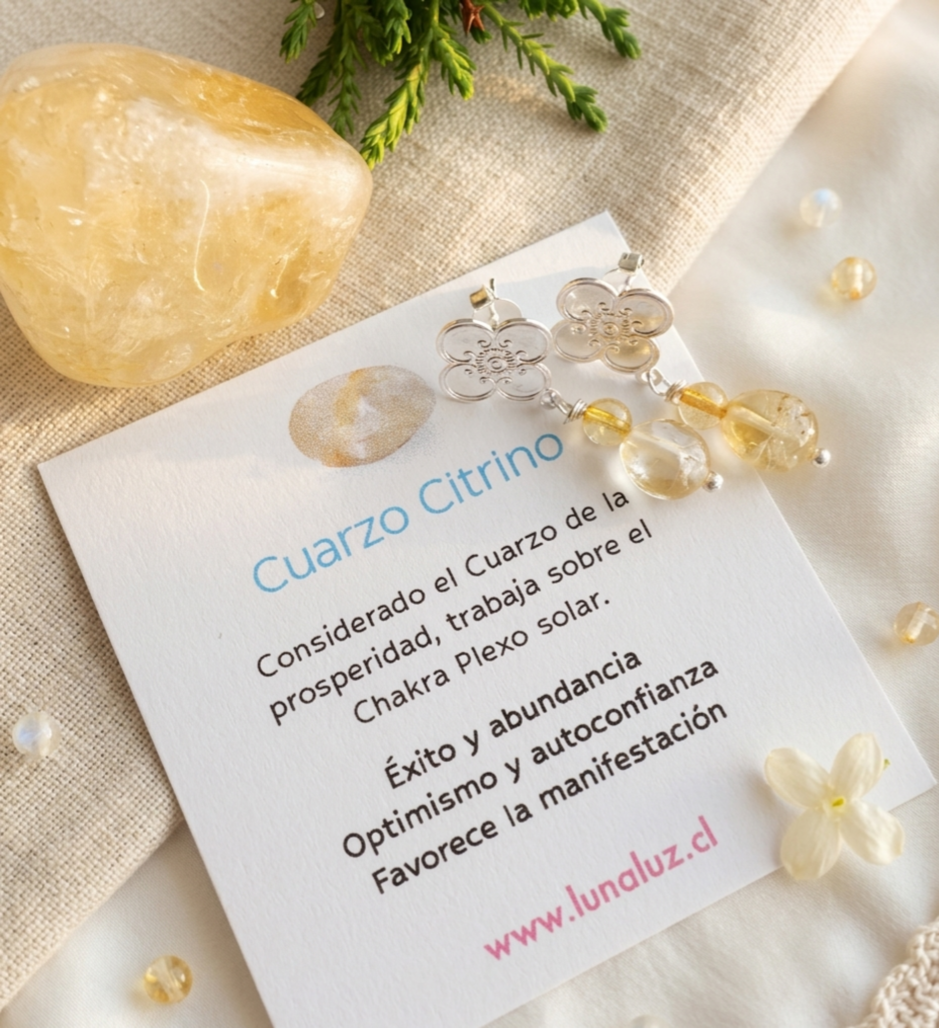 Aros Flores con piedra Cuarzo Citrino "Flor de Luz"