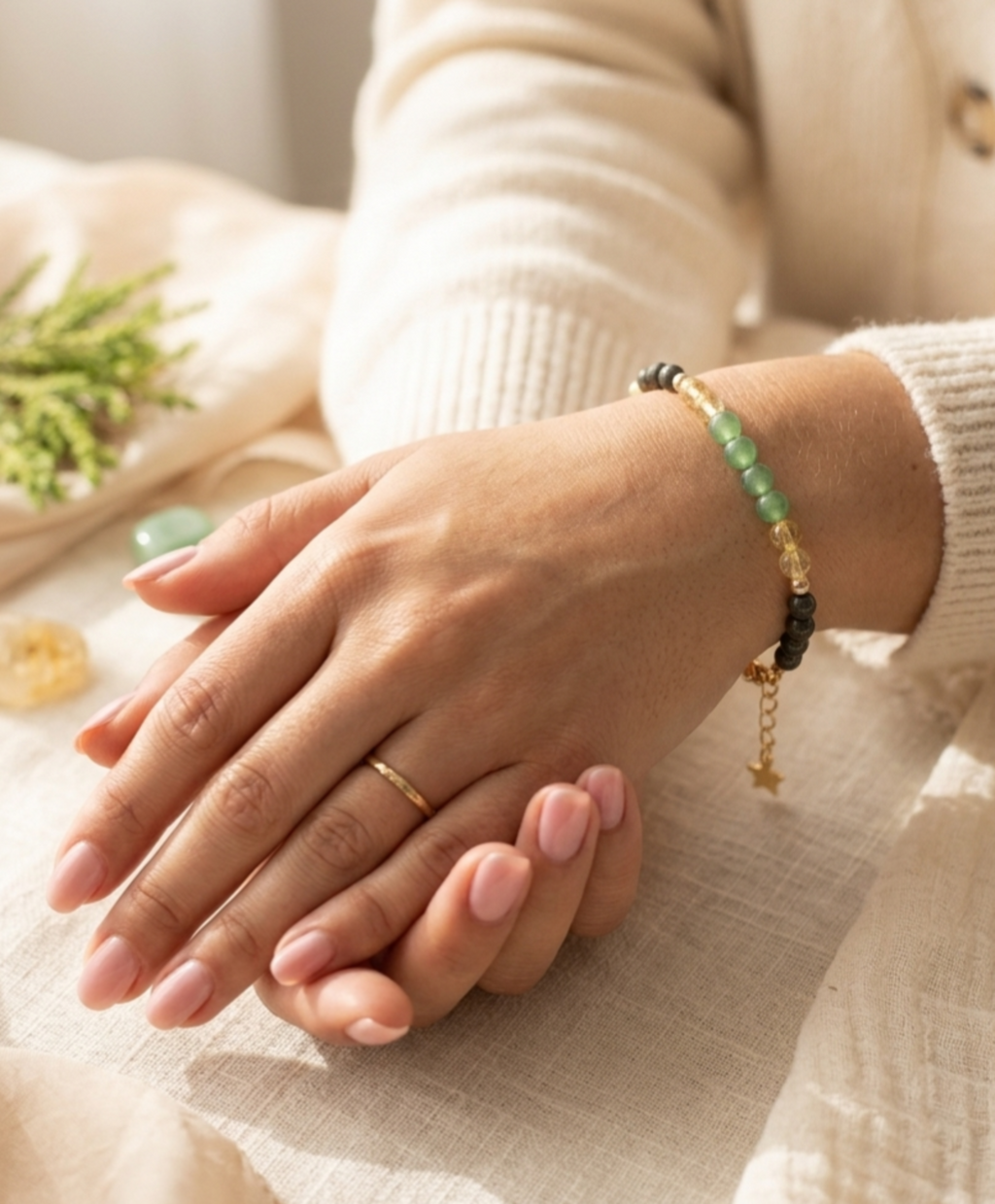 Pulsera “Triada de Abundancia” en piedra Pirita, Jade, Citrino