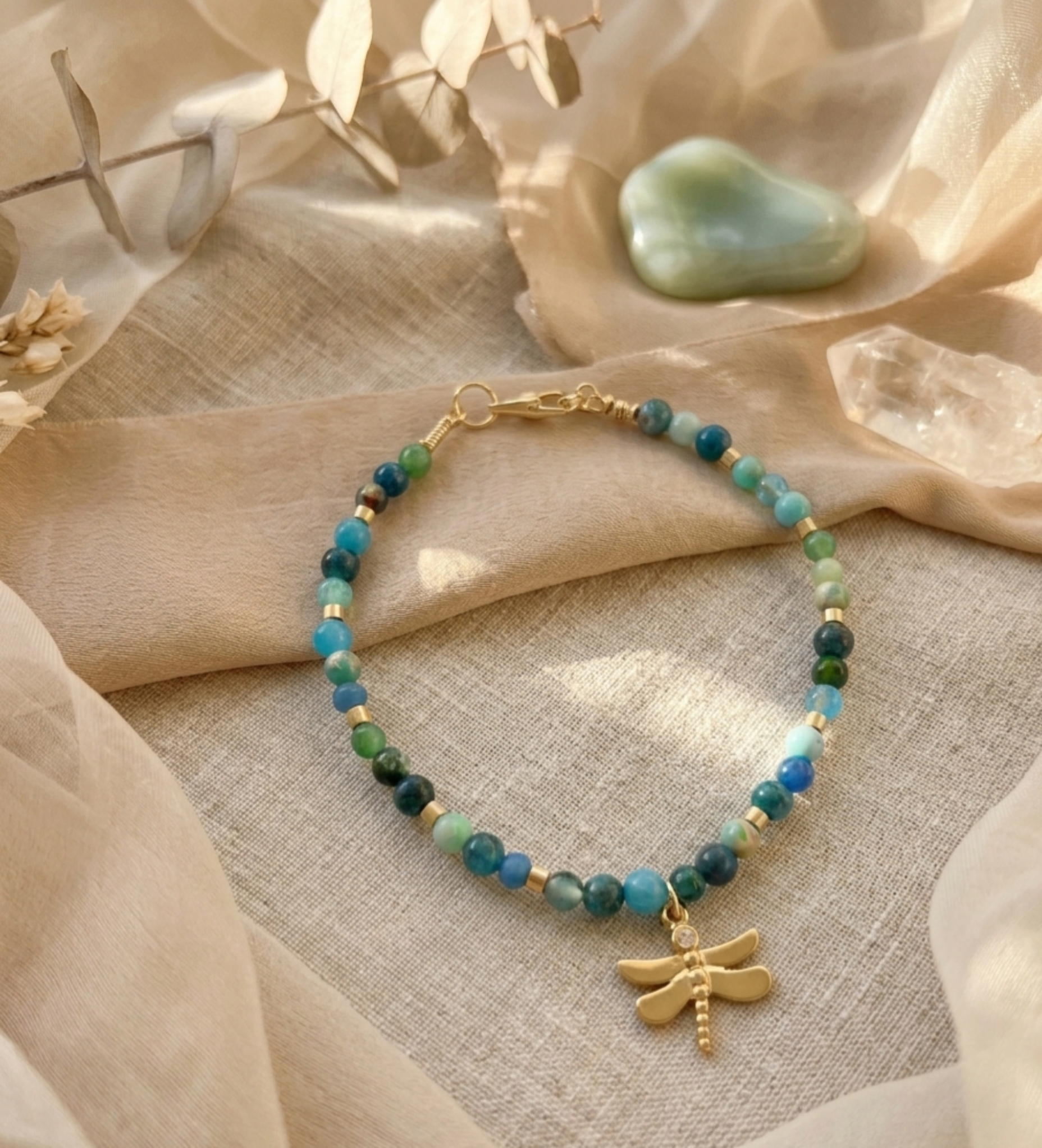 Pulsera "Evolución" en Piedras Verdosas Libélula | Naciste para evolucionar