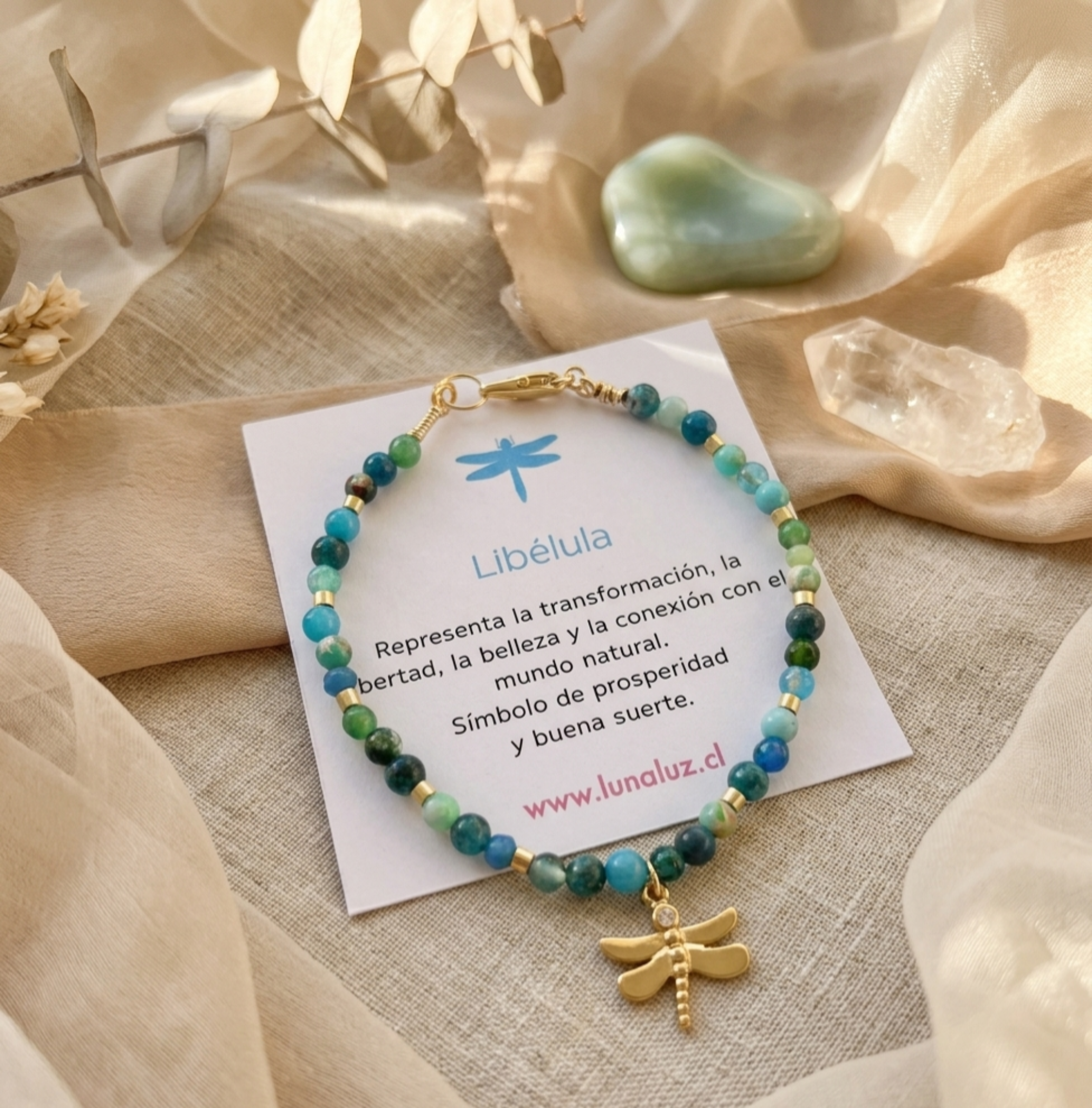 Pulsera "Evolución" en Piedras Verdosas Libélula | Naciste para evolucionar