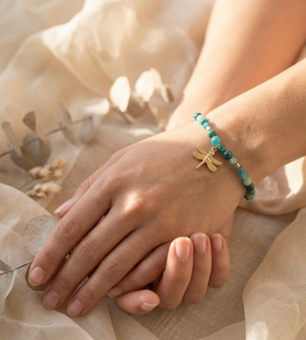 Pulsera "Evolución" en Piedras Verdosas Libélula | Naciste para evolucionar