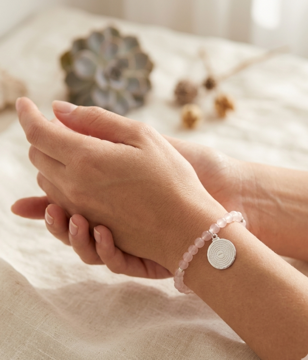 Pulsera Padre Nuestro y Cuarzo Rosa “Fe y Amor”