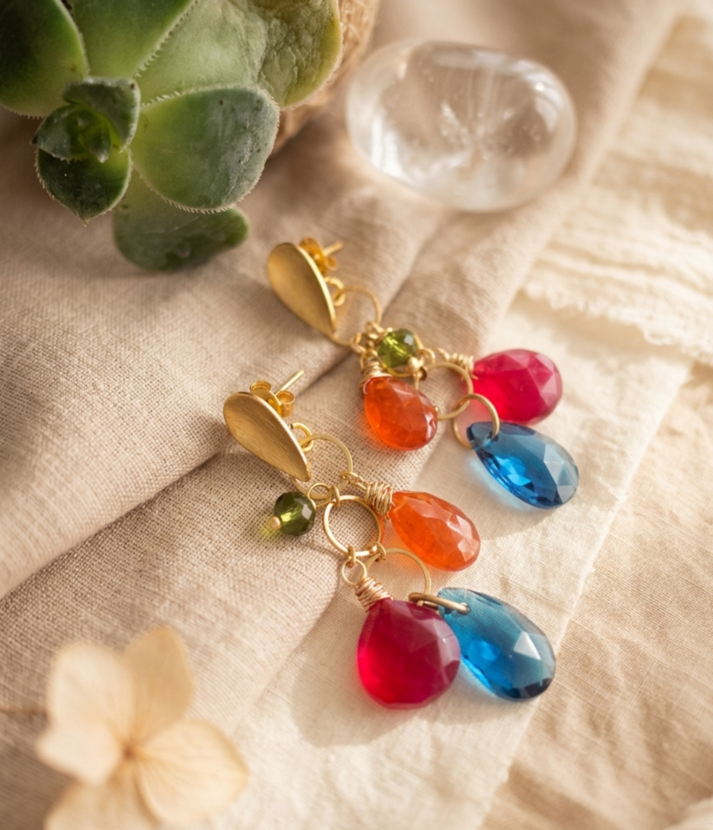 Aros “Energía bonita” en piedras de calcedonia y Cornalina.
