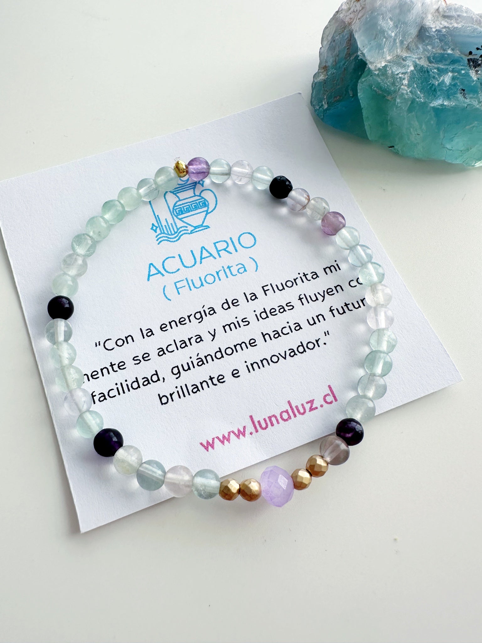 Pulsera Amuleto para Acuario en piedra Fluorita. Incluye mensaje especial y Packing para regalo