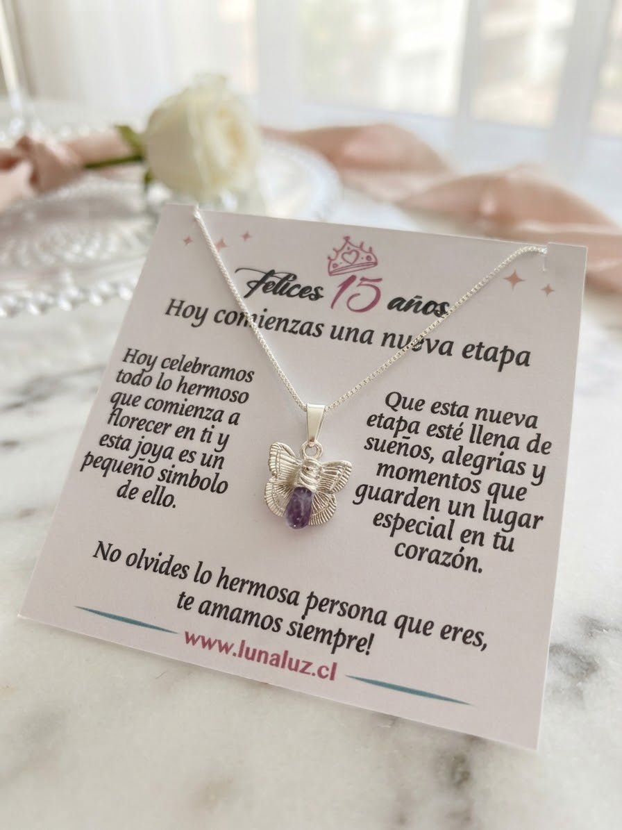 Collar "Quince primaveras" mariposa y piedra Amatista. Enchape de Plata 950