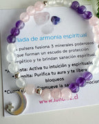 pulsera elasticada con piedras naturales (cuarzo rosa, amatista y selenita) y dije de luna con estrella