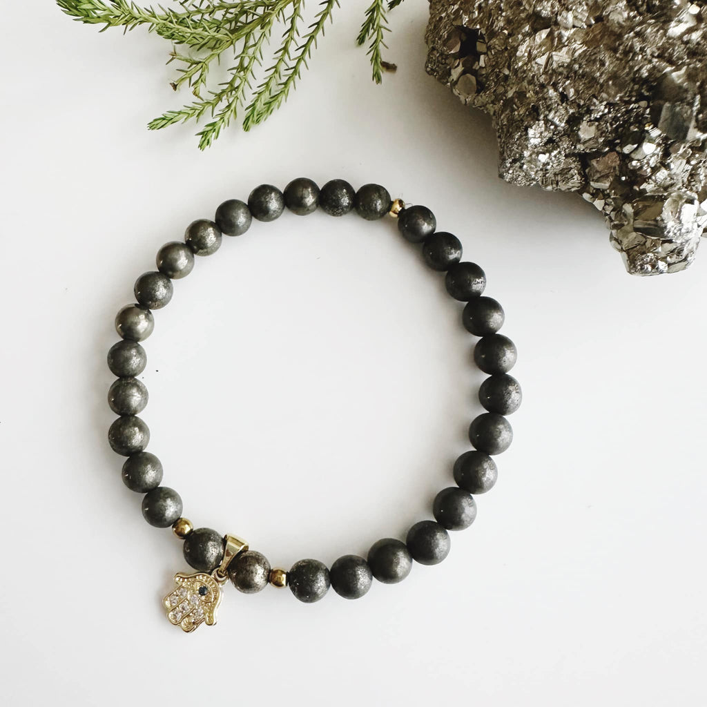 Pulsera mujer piedra Pirita y Mano de Fatima para Abundancia. Incluye significado de la piedra y packing para regalo