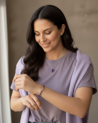 mujer usando collar de acerto con corazon de amatista