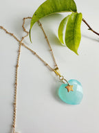 joya collar baño de oro 18k mujer con corazon calcedonia celeste con estrella