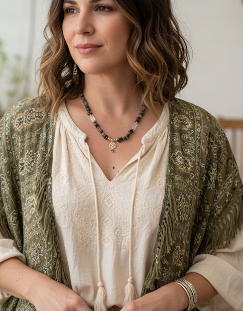 mujer con collar de turmalinas multicolor con cuarzos