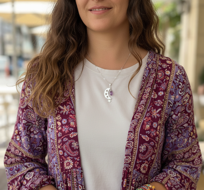 mujer con collar de luna y estrellas en piedra amatista