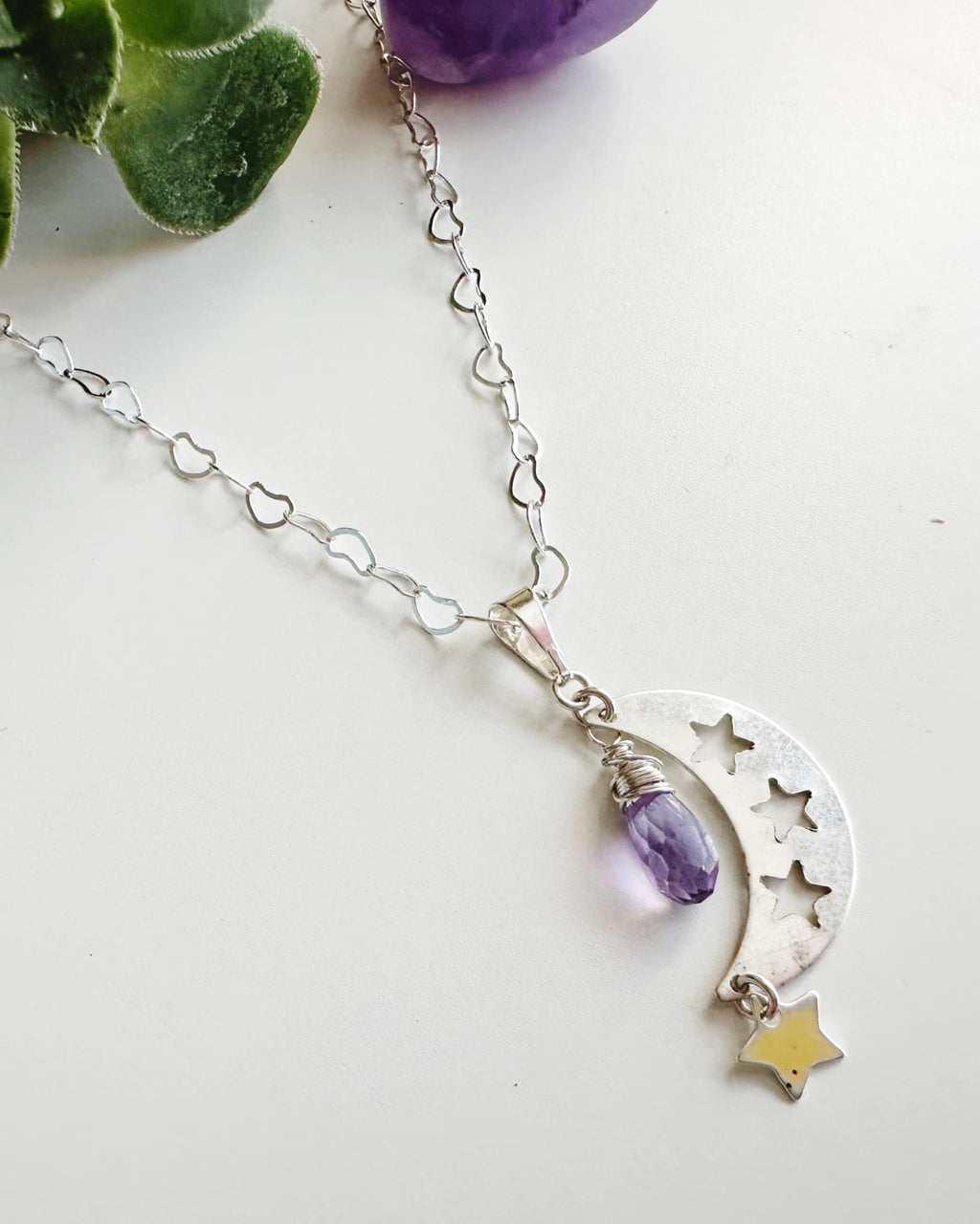 collar plata de luna y estrellas para mujer con piedra amatista