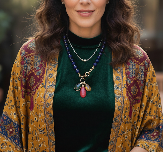 collar mujer con cristales azules y piedras de colores como dijes