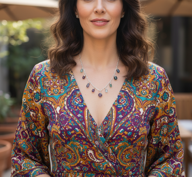 mujer con collar de variadas piedras naturales en tonos de piedras violetas y azules 