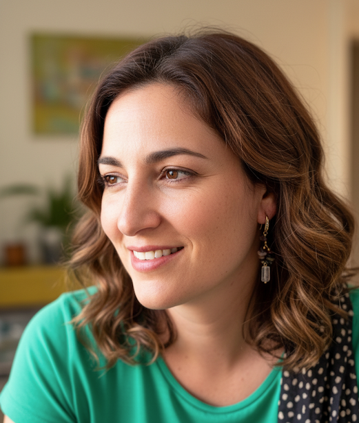 mujer con aros de turmalina multicolor y cuarzo cristal.