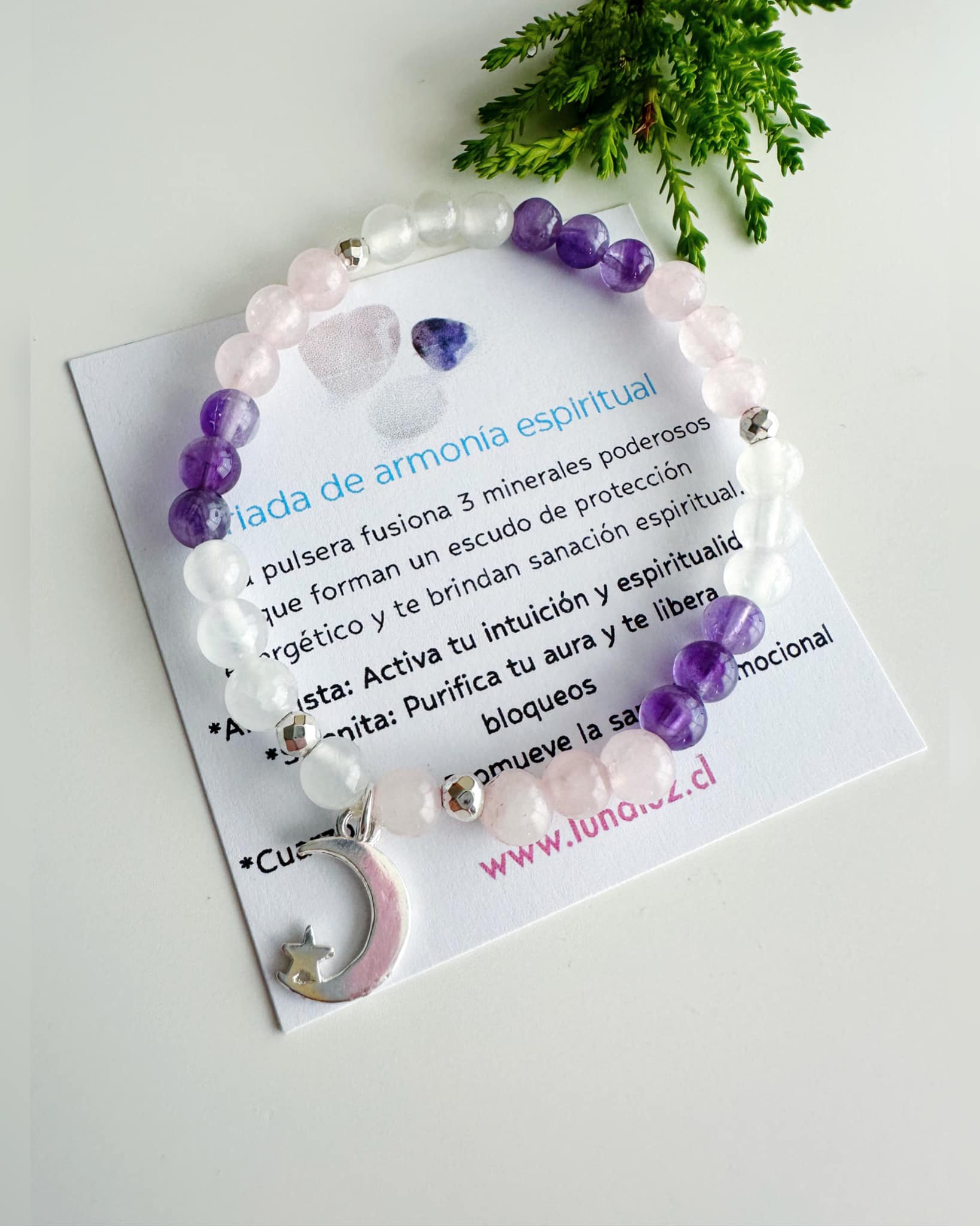 pulsera de piedras naturales: cuarzo rosa, amatista y selenita