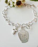 pulsera angel de la guarda, cuarzo cristal y cruz de cristo, baño de plata