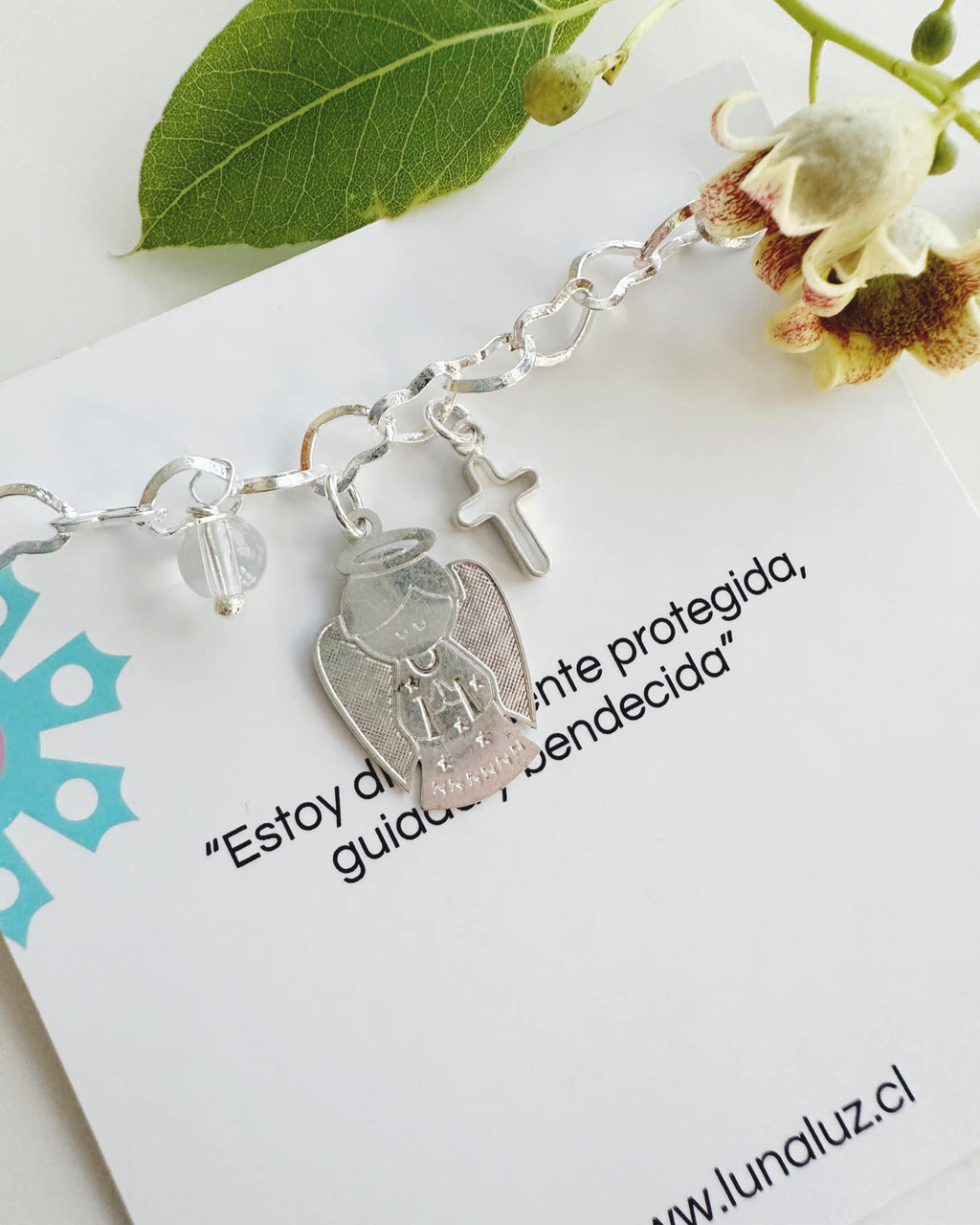 pulsera con cuarzo cristal y angel de la guarda, viene con mensaje emotivo especial